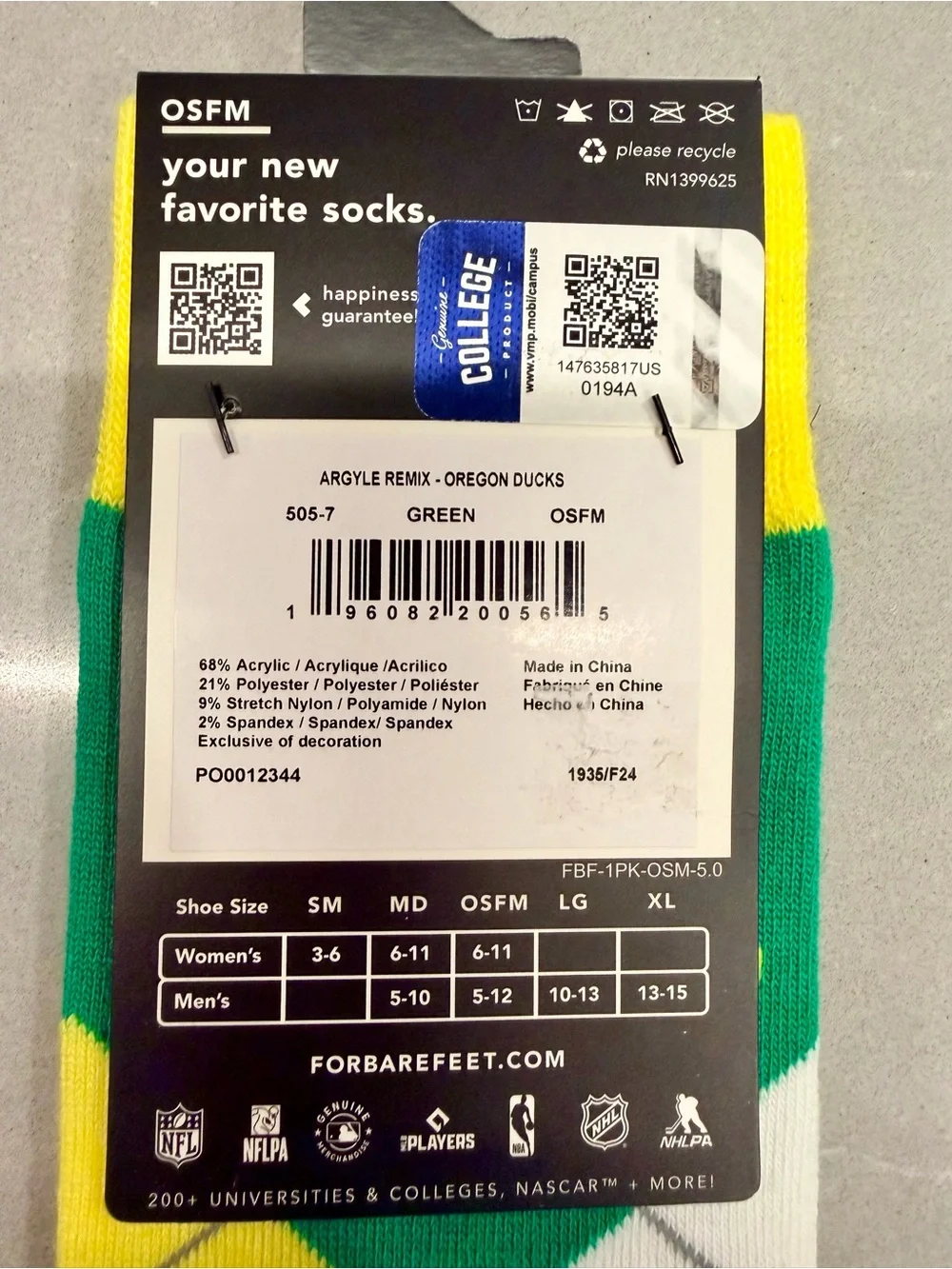 For Bare Feet Oregon Ducks Argyle Crew Socks - Green/Yellow/White - OSFM